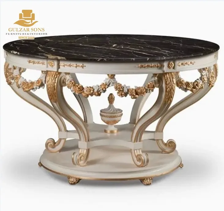 top-quality-chinioti-round-marble-top-lobby-table-code-6057 Carved Wooden Lobby Table - Image 1