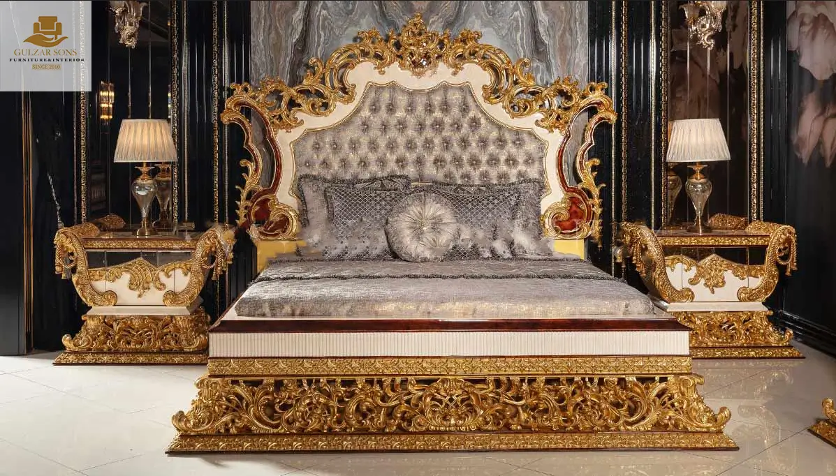 top-rated-chinioti-furniture-brand-majestic-royal-canopy-gold-leaf-luxury-bed-set-front-view-code-n000111 Majestic Royal Canopy Bed - Image 1